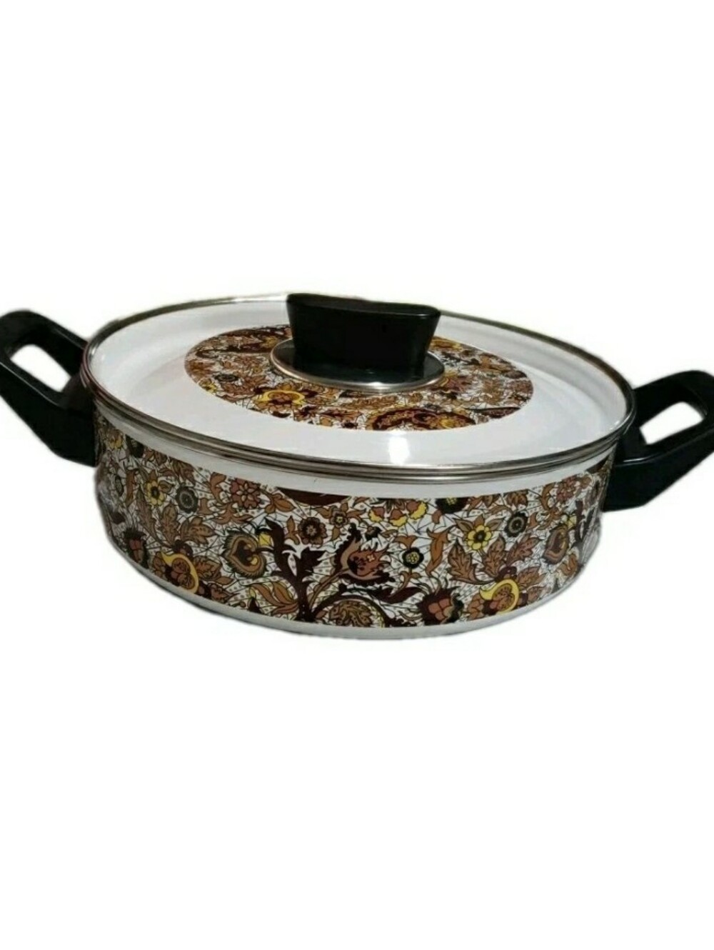 Vtg 70's Groovy FanciPans Pot Double Handle With Lid Enamel Brown White Yellow